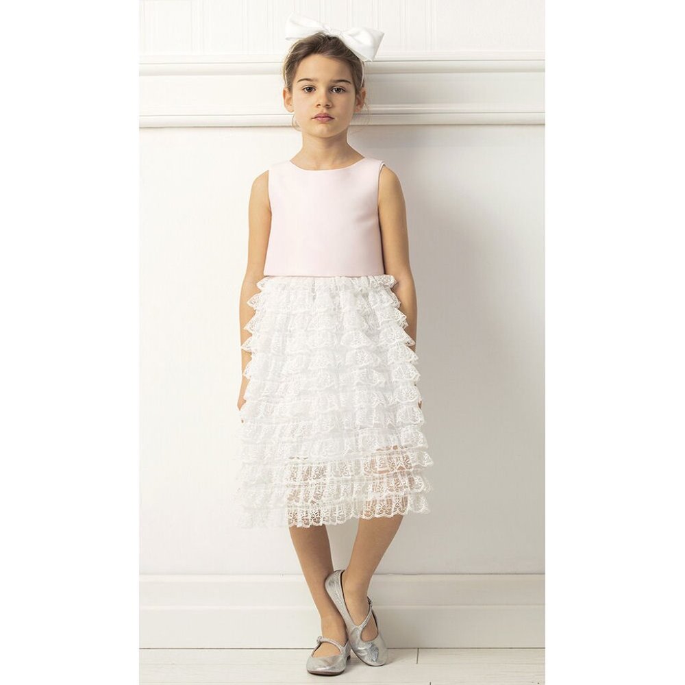 Mama Luma Girls sz 7/8 Pink Ivory Lace Ruffles Girls Dress‎ Easter Princess NEW